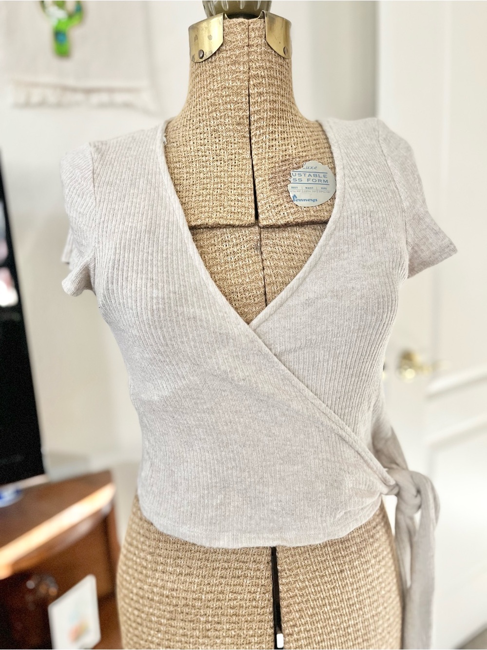 Project Social T Cream Ribbed Wrap Crop Top with Side Tie